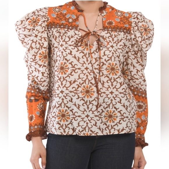 House of Harlow Bohemian Puff Shoulder Blouse Beige Orange - Picture 1 of 9